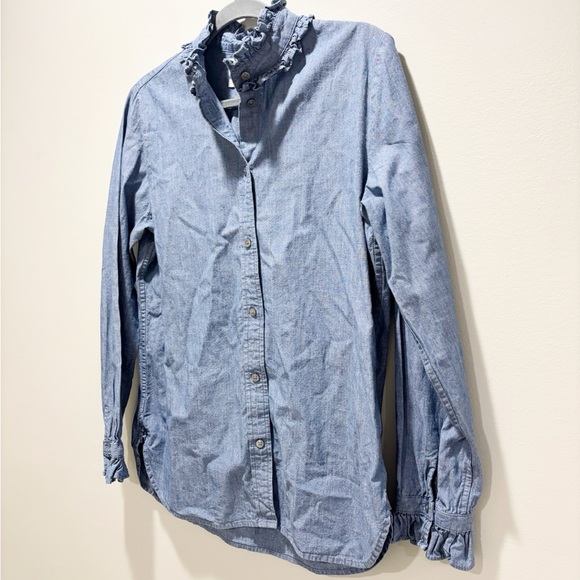 J CREW • Women’s Classic Fit Ruffle Neck Cotton Chambray Denim Button Up Shirt - Picture 4 of 6